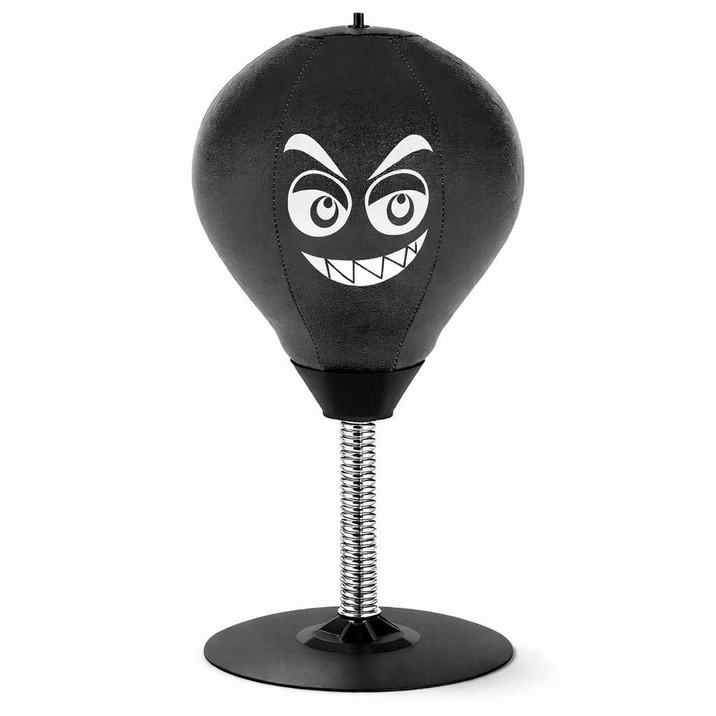 Black desktop punching bag mounted on table