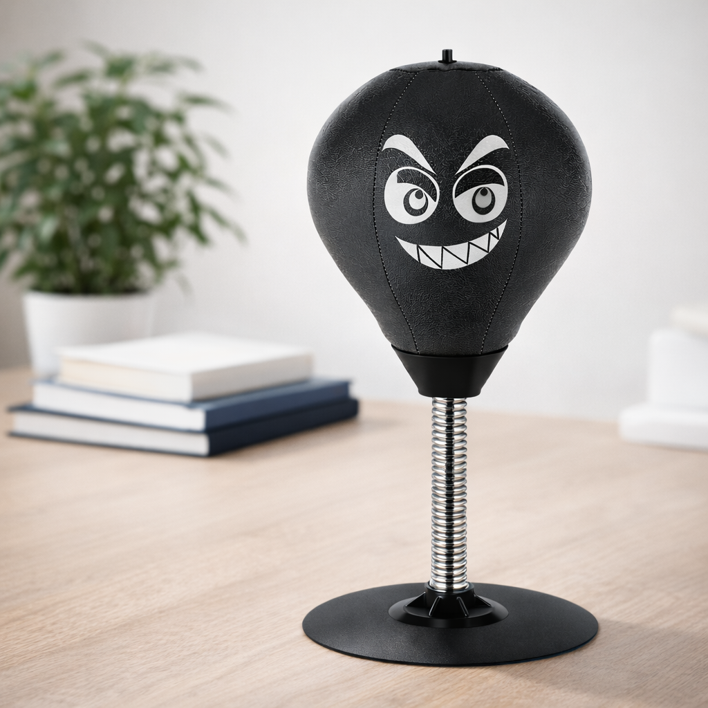 Black desktop punching bag mounted on table